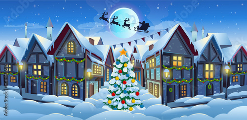  Old city street with chalet style houses and christmas tree in winter. Vector cartoon illustration.  Medieval town street with old  buildings at night. Concept of winter and christmas background.