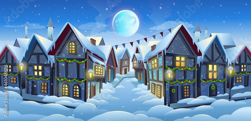  Old city street with chalet style houses and christmas tree in winter. Vector cartoon illustration.  Medieval town street with old  buildings at night. Concept of winter and christmas background.