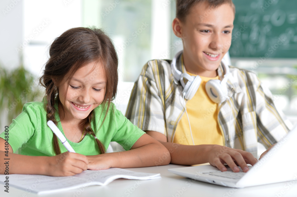 Portrait of brother and sister doing homework together Portrait of brother and sister doing homework together