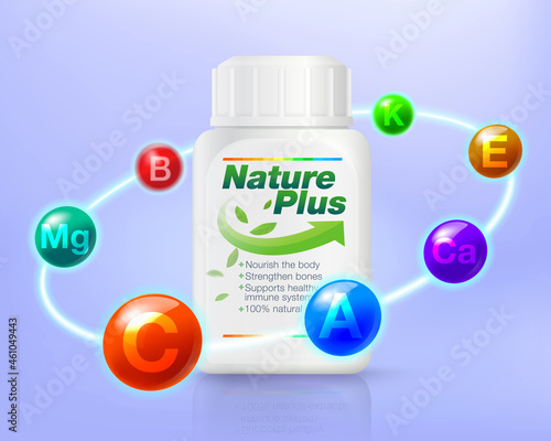 Multi vitamin inspired ads from natural extracts Protect your body and stay healthy. vitamin packaging concept. Realistic EPS file.