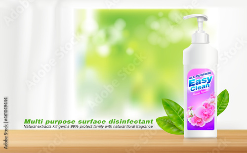 Multipurpose surface disinfectant ad. Natural extracts kill germs, protect your family with the fragrance of natural flowers. Realistic file.