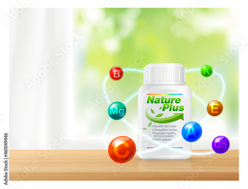 Multivitamin ad Help strengthen the body. Immunity with multiple vitamins in atomic orbital concept. Realistic file.