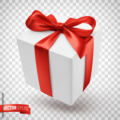 Vector realistic illustration of a white gift box with a red ribbon on a transparent background.