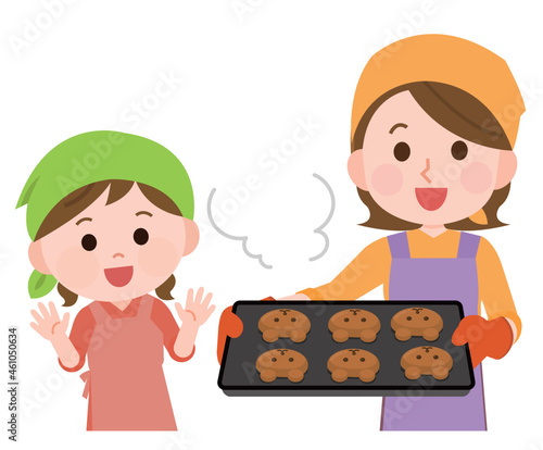 パン作り3　焼けたパンをオーブンレンジから出す親子　イラスト