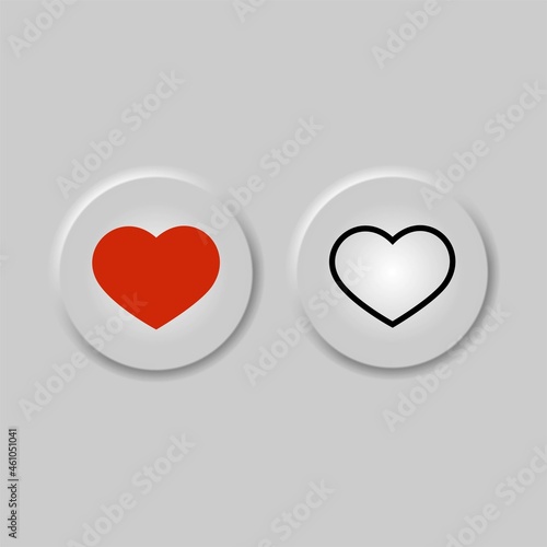 Bright white gradient square button with red heart shape. Internet symbol like on a background. Neumorphic effect icon. Shaped love figure in trendy soft 3D style EPS 10