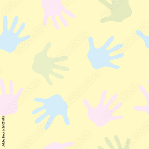 Pattern baby hands pink blue and green on yellow background