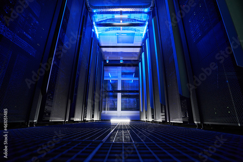Modern interior of mainframe with blue neon photo