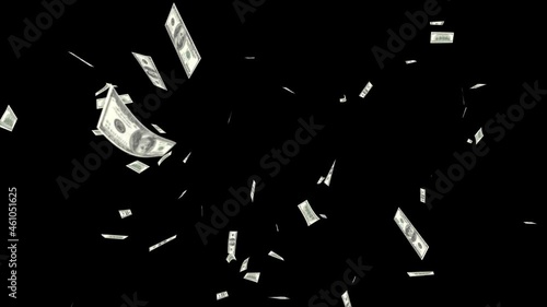 4K Loop Backgroundof Money falling from the sky. Hundred dollar bills falling down from skies. Profitable job and big salary. Successful business bringing piles of money. Winning the lottery photo