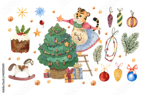 Watercolor hand painted clipart with Christmas illustration.Cute characters and elements  little tigers in costumes gingerbread stars snowflakes vintage Christmas tree toys and symbols new year 
