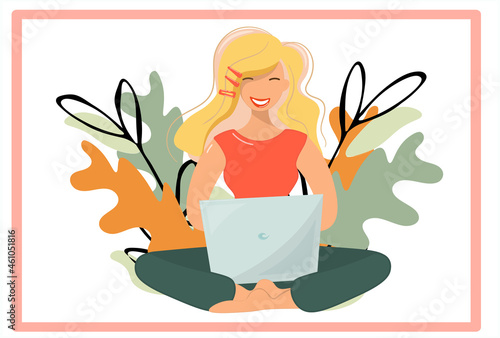 The girl works at the computer against the background of autumn leaves. Cute blonde with a laptop in nature. Happy woman in orange t-shirt, freelancer. Isolated vector for web design in cartoon style.