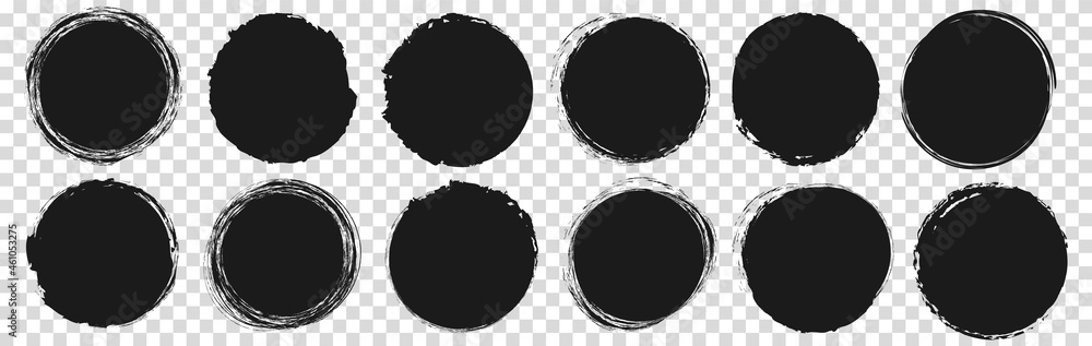 set of vector round brush painted ink stamp circle banner on transparent background - obrazy, fototapety, plakaty 