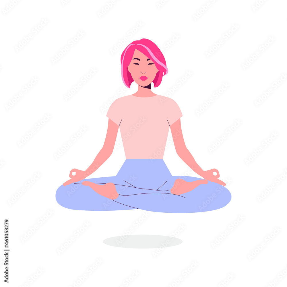 Asian young woman yoga. Asian yoga girl meditating isolated on the white background. Vector illustration