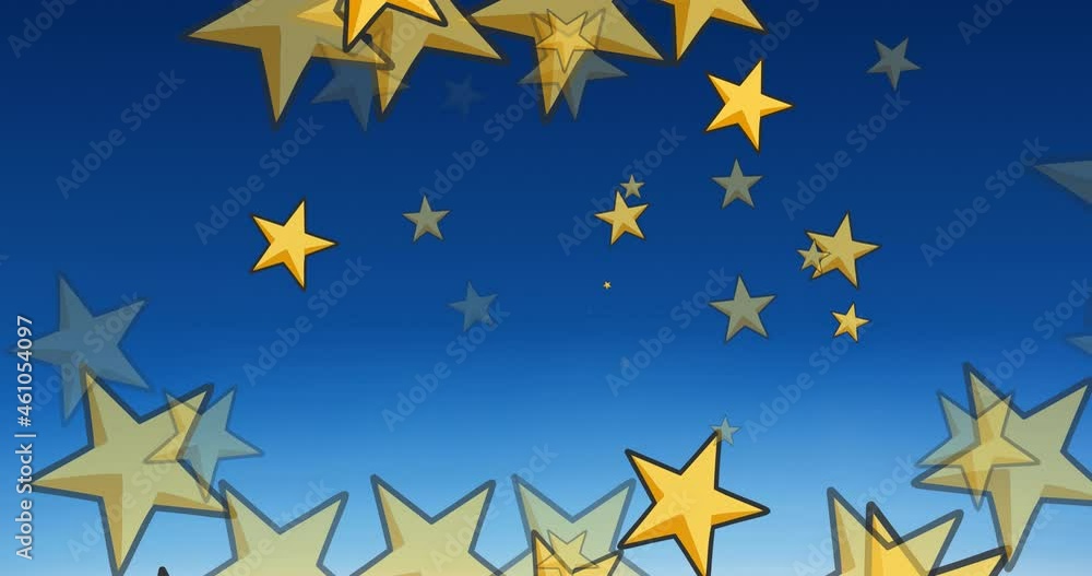 Animation of gold christmas stars falling and shimmering on blue background Animation of gold christmas stars falling and shimmering on blue background