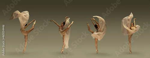 Obraz Collage of portraits of one young beautiful female ballet dancer dancing with fabric, cloth isolated on grey background.