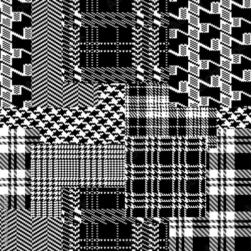 Tartan houndstooth and scottish jacquard fabric patchwork abstract vector seamless pattern in black and white