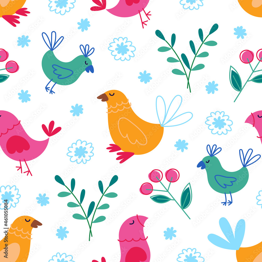Cute colorful birds and floral elements seamless pattern, funny illustration on white background. Vector