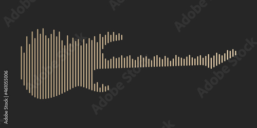 Electric guitar shape with equalizer strip lines isolated on a black background. Abstract music instrument concept with audio waveforms. Vector illustration