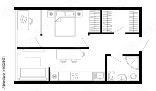 Floor plan of apartment. Vector architecture studio plan of condominium, flat, house. Interior design elements kitchen, bedroom, bathroom furniture. 2D micro studio apartment floor plan.