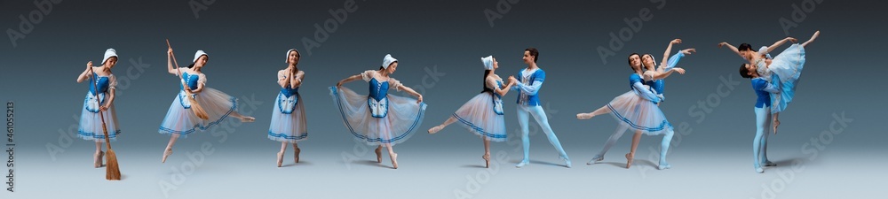 Naklejka premium Composite image of portraits of ballet dancers couples in theater performance Cinderella isolated on gray background. Concept of art, beauty, aspiration, creativity