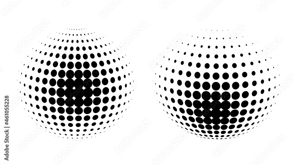 Set of vector halftone spheres. Dotted circles with black and white gradient. Pattern design element.