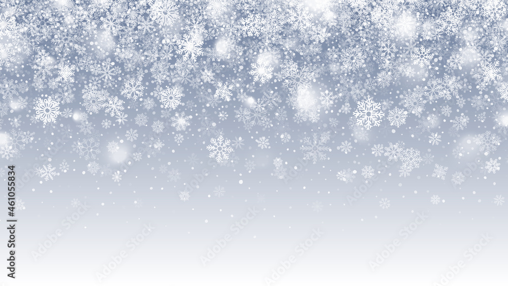 Winter Falling Snow With Snowflakes And Lights Overlay On Light Blue Background Christmas Decoration