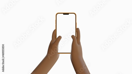 3d illustration. Device Mockup. Brown cartoon hand holding a phone with white background.