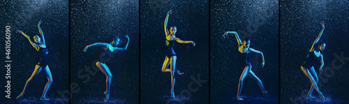 Young female ballet dancer under water drops and splashes. Caucasian ballerina dancing in neon lights. Creative art collage.
