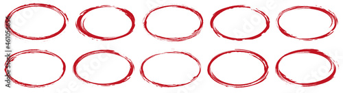 set of vector red oval brush painted ink stamp circle banner on white background