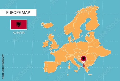 Albania map in Europe, icons showing Albania location and flags.