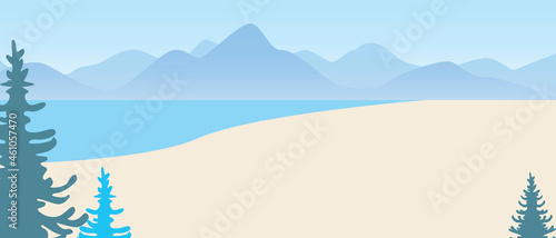 Nature mountains and sea, copy space template, flat vector stock illustration with seascape with hills and nobody