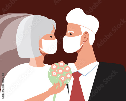 Old couple wedding, covid lockdown, flat vector stock illustration with man and woman, wedding ceremony and medical mask