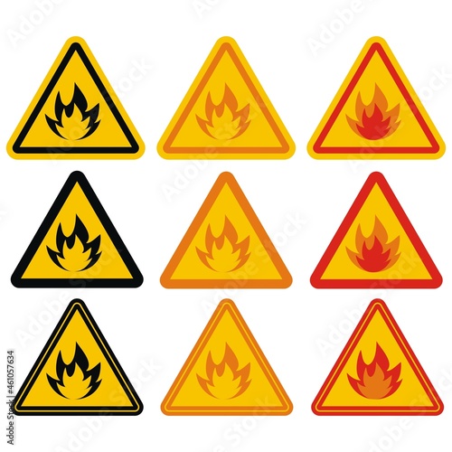 warning sign, danger of ignition, fire, set of vector illustration
