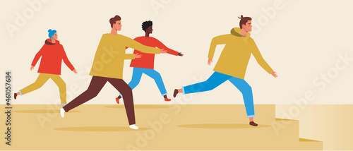 People running to the exit, Flat vector stock illustration as a concept of evacuation, freedom, running down the stairs