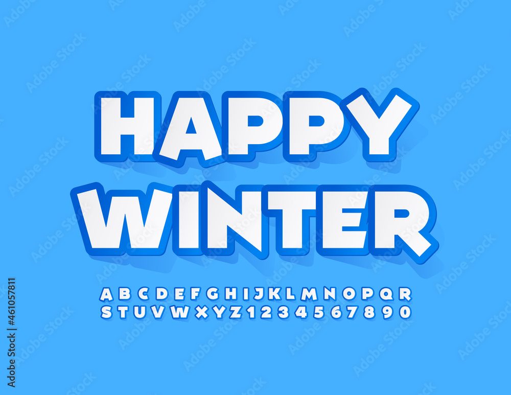 Vector blue Banner Happy Winter. Modern Kids Font. Artistic Alphabet Letters and Numbers