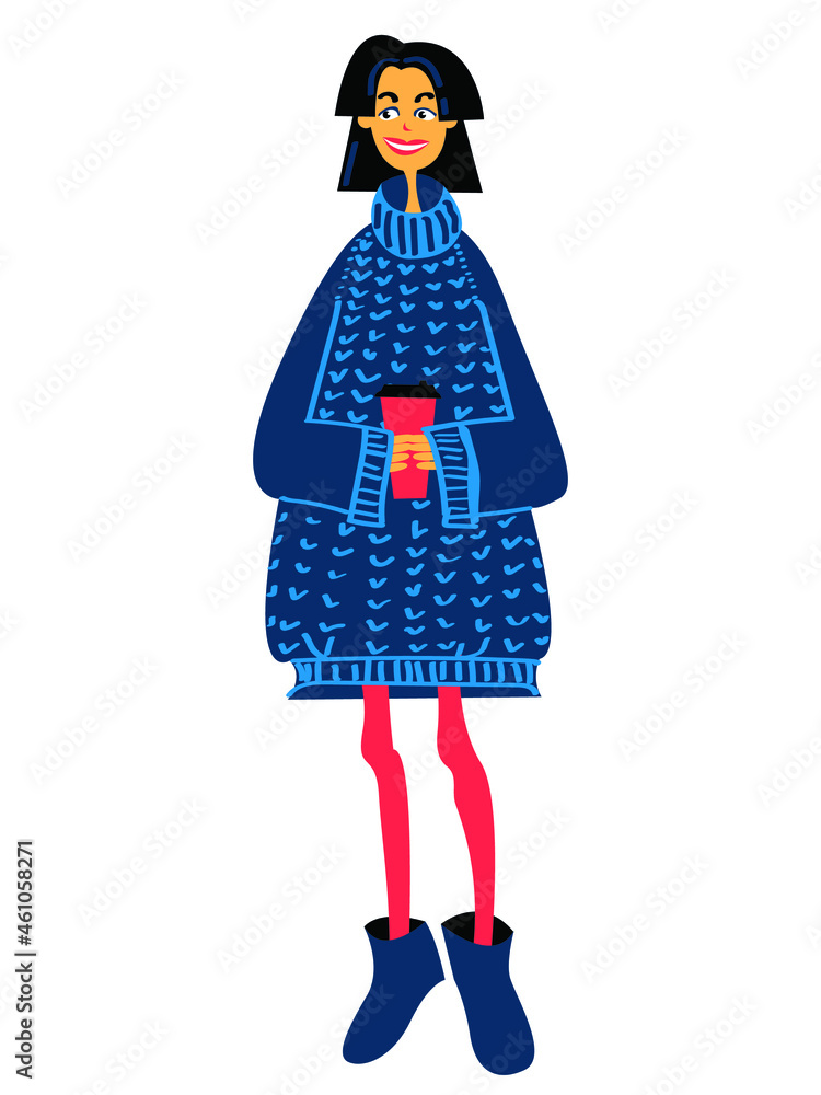 Vector graphics - a pretty smiling young woman in a big blue oversize sweater and with a disposable cup of coffee in her hands on a white background. The concept is the cold season.