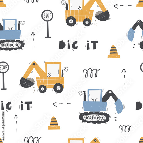 Cute children's seamless pattern with trucks and diggers in Scandinavian style on a white background. Building equipment. Funny construction transport Digital paper