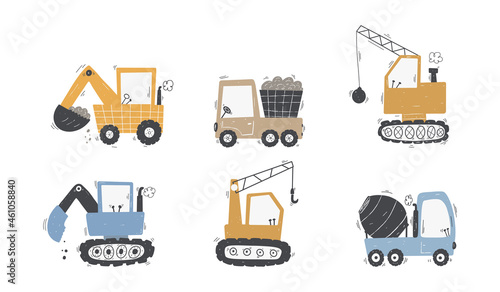 Cute children's set trucks and diggers in Scandinavian style on a white background. Building equipment. Funny construction transport