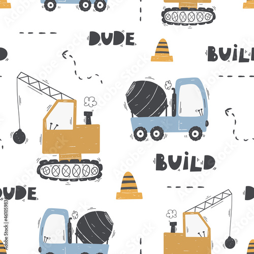 Cute children's seamless pattern with trucks and diggers in Scandinavian style on a white background. Building equipment. Funny construction transport Digital paper