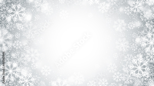Merry Christmas And Happy New Year Swirling Snow Blurred Motion Effect With Realistic White Snowflakes On Light Silver Background
