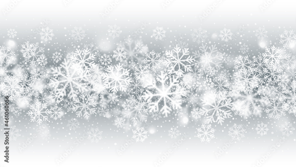Merry Christmas And Happy New Year Snowfall Blurred Motion Effect With Realistic White Snowflakes On Light Silver Background Merry Christmas And Happy New Year Snowfall Blurred Motion Effect With Realistic White Snowflakes On Light Silver Background