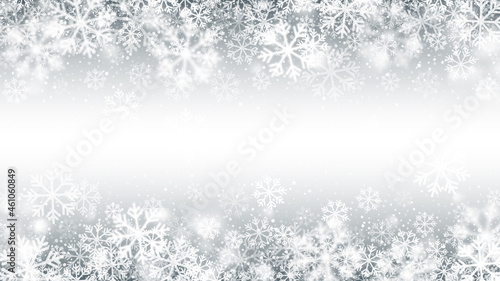Merry Christmas And Happy New Year Snow Blurred Motion Effect With Realistic White Snowflakes On Light Silver Background