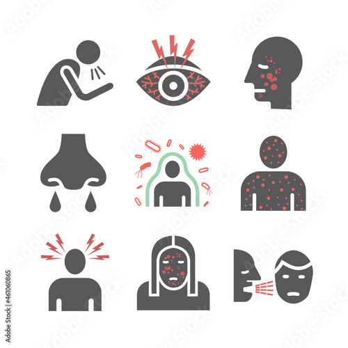 Measles. Symptoms, Treatment icons set. Vector signs.