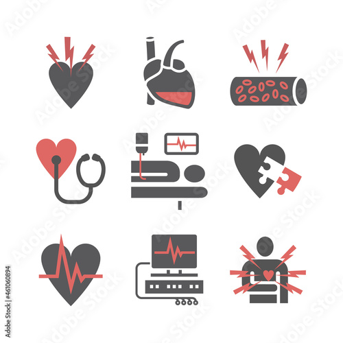 Atherosclerosis. Coronary artery disease. Treatment icons set. Vector signs for web graphics.