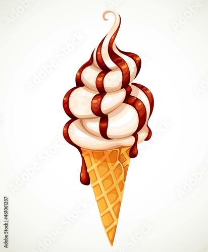 Soft vanilia ice cream poured with chocolate syrup in a waffle cup isolated on a white background