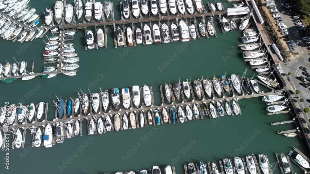 Drone shot of boats in the harbor in Sausalito outside of San Francisco Drone shot of boats in the harbor in Sausalito outside of San Francisco
