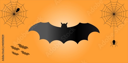 Black spider, spider web, bat and orange background vector.