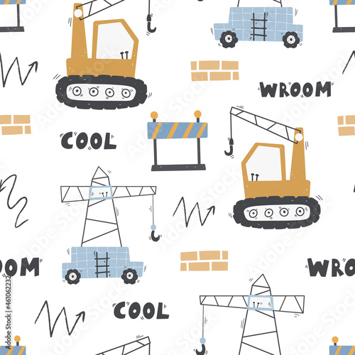 Cute children's seamless pattern with trucks and diggers in Scandinavian style on a white background. Building equipment. Funny construction transport Digital paper