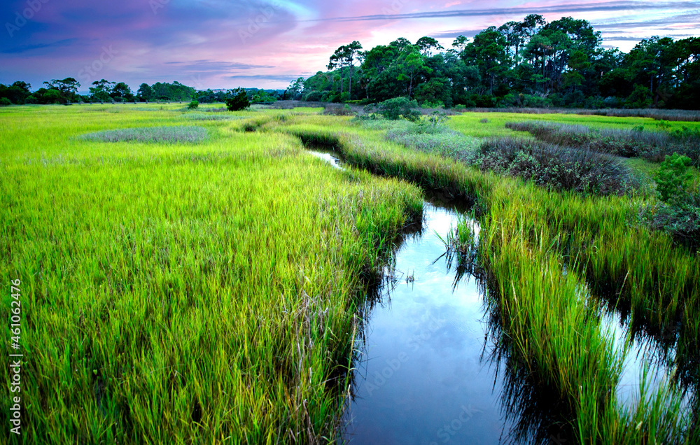 Marsh with sunset and colorful sky on Hilton Head Island, Beaufort, South Carolina
