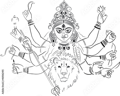 illustration of goddess Durga with lion and sword photo