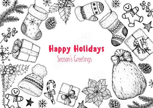 Christmas greeting card. Illustration for a festive Christmas mood. Hand drawn sketch. Vintage design elements. Vector illustration. Invitation design template. Sketch collection.
